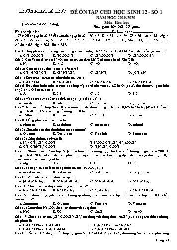 2 Đề ôn tập môn Hóa học Lớp 12 - Năm học 2019-2020 - Trường THPT Lê Trực (Có đáp án)