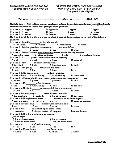4 Đề kiểm tra 1 tiết môn Tiếng Anh 10 (Ban cơ bản) - Năm học 2016-2017 - Trường THPT Nguyễn Văn Cừ (Có đáp án)