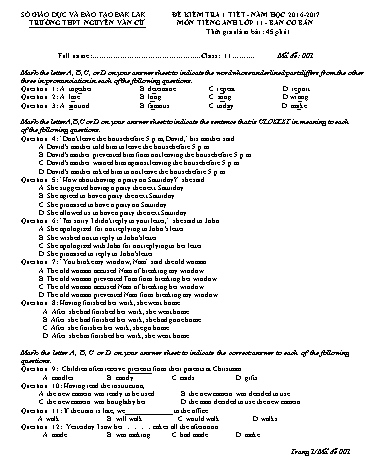 4 Đề kiểm tra 1 tiết môn Tiếng Anh 11 (Ban cơ bản) - Năm học 2016-2017 - Trường THPT Nguyễn Văn Cừ (Có đáp án)