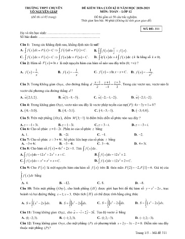 4 Đề kiểm tra cuối kì II môn Toán Lớp 12 - Năm học 2020-2021 - Trường THPT chuyên Võ Nguyên Giáp (Có đáp án)