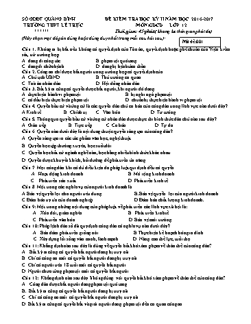 4 Đề kiểm tra học kỳ II môn GDCD Lớp 12 - Năm học 2016-2017 - Trường THPT Lê Trực (Có đáp án)