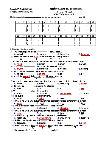 4 Đề kiểm tra học kỳ II môn Tiếng Anh 11 CB - Trường THPT Krông Ana (Có đáp án)