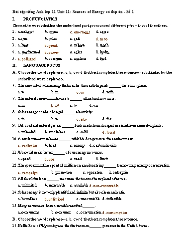 Bài tập Tiếng Anh Lớp 11 - Unit 11: Sources of Energy