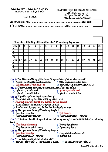 Bài thi học kì I môn Sinh học 11 - Mã đề MSC - Năm học 2015-2016 - Trường THPT Lê Quý Đôn (Có đáp án)