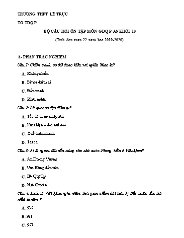 Bộ câu hỏi ôn tập môn GDQPAN Khối 10 - Năm học 2019-2020 - Trường THPT Lê Trực
