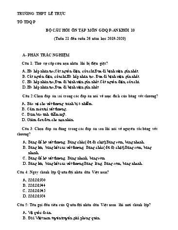 Bộ câu hỏi ôn tập môn GDQPAN Khối 10 - Tuần 21 đến 26 - Năm học 2019-2020 - Trường THPT Lê Trực