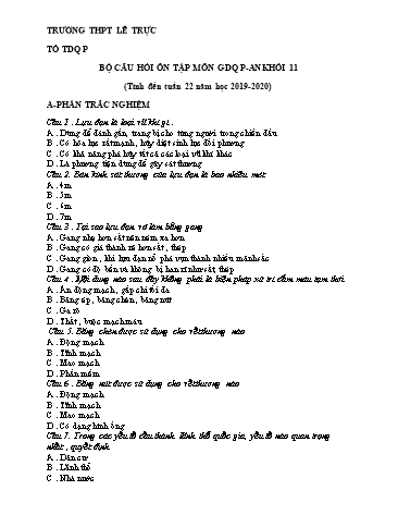 Bộ câu hỏi ôn tập môn GDQPAN Khối 11 - Năm học 2019-2020 - Trường THPT Lê Trực