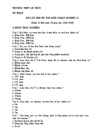 Bộ câu hỏi ôn tập môn GDQPAN Khối 11 - Tuần 21 đến 26 - Năm học 2019-2020 - Trường THPT Lê Trực