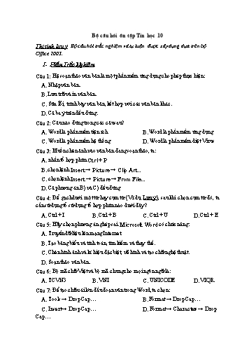 Bộ câu hỏi ôn tập môn Tin học 10