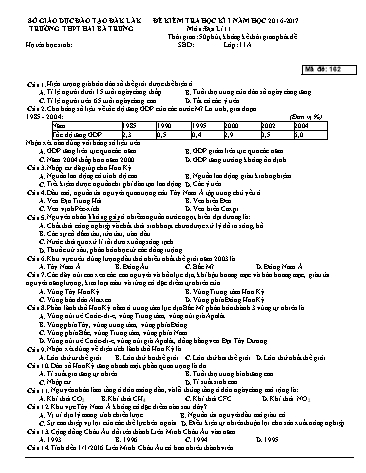 Bộ đề kiểm tra học kì I môn Địa lí 11 - Năm học 2016-2017 - Trường THPT Hai Bà Trưng (Có đáp án)