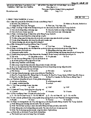 Bộ đề kiểm tra học kì II môn Địa lí 11 - Năm học 2016-2017 - Trường THPT Hai Bà Trưng (Có đáp án)