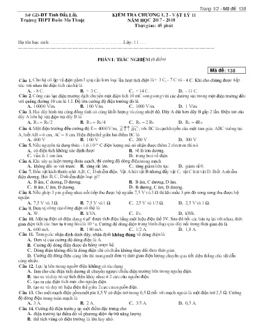 Bộ đề kiểm tra học kỳ I môn Vật lý 11 - Năm học 2017-2018 - Trường THPT Buôn Ma Thuột (Có đáp án)