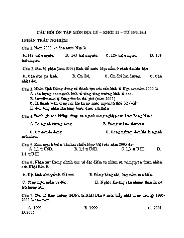 Câu hỏi ôn tập môn Địa lý Khối 11 - Tuần 30/3-15/4
