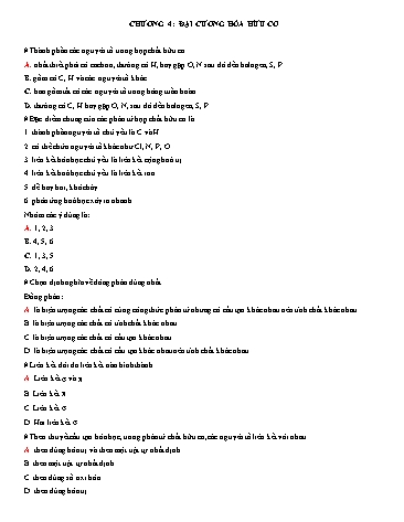 Câu hỏi trắc nghiệm ôn tập môn Hóa học 11 - Chương 4: Đại cương hóa hữu cơ Câu hỏi trắc nghiệm ôn tập môn Hóa học 11 - Chương 4: Đại cương hóa hữu cơ