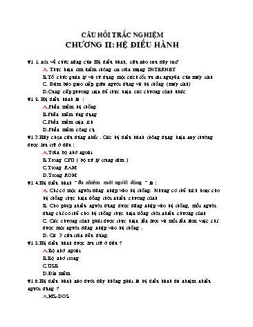 Câu hỏi trắc nghiệm ôn tập môn Tin học 10 - Chương II: Hệ điều hành