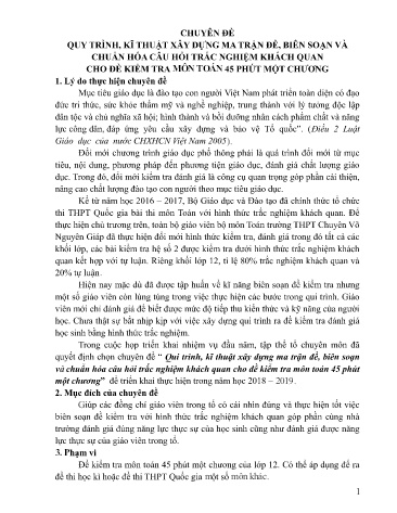 Chuyên đề Quy trình, kĩ thuật xây dựng ma trận đề, biên soạn và chuẩn hóa câu hỏi trắc nghiệm khách quan cho đề kiểm tra môn toán 45 phút một chương