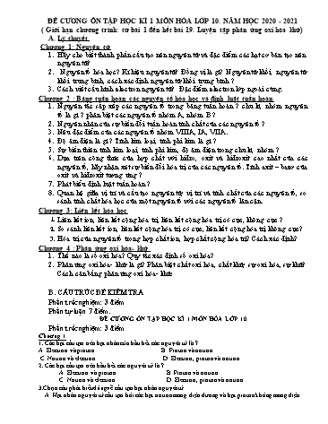 Đề cương ôn tập học kì 1 môn Hóa học Lớp 10 - Năm học 2020-2021