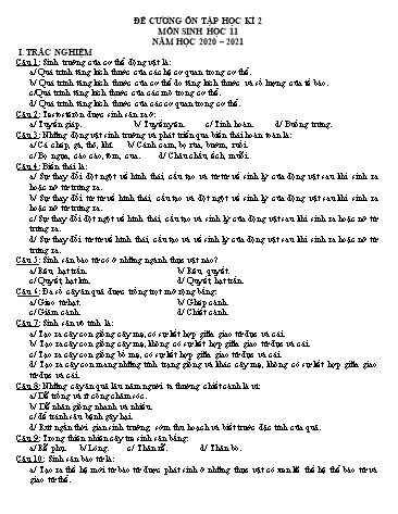 Đề cương ôn tập học kì 2 môn Sinh học Lớp 11 - Năm học 2020-2021