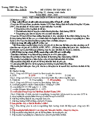 Đề cương ôn tập học kì I môn Địa lí Lớp 12 - Năm học 2019-2020 - Trường THPT Đào Duy Từ