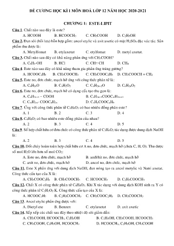 Đề cương ôn tập học kì I môn Hóa học Lớp 12 - Năm học 2020-2021