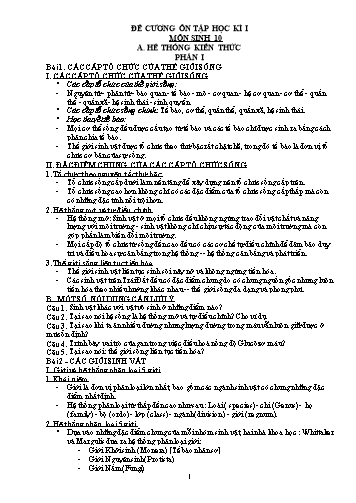 Đề cương ôn tập học kì I môn Sinh học Lớp 10 - Năm học 2017-2018