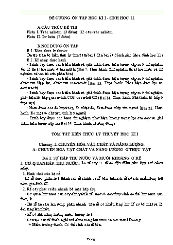 Đề cương ôn tập học kì I môn Sinh học Lớp 11