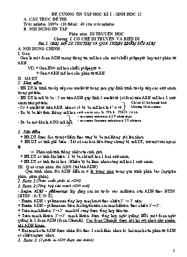Đề cương ôn tập học kì I môn Sinh học Lớp 12