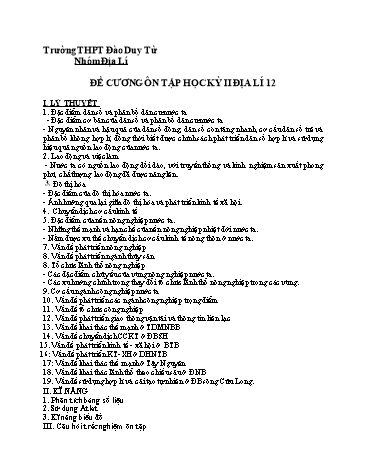 Đề cương ôn tập học kỳ II môn Địa lí 12 - Trường THPT Đào Duy Từ