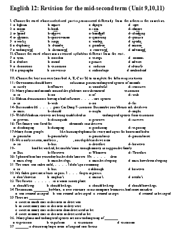Đề cương ôn tập kiểm tra môn Tiếng Anh 12 - Unit 9 đến 11
