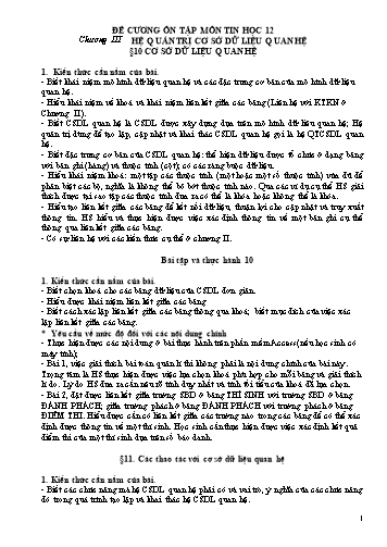 Đề cương ôn tập môn Tin học Lớp 12 - Bài 10: Cơ sở dữ liệu quan hệ