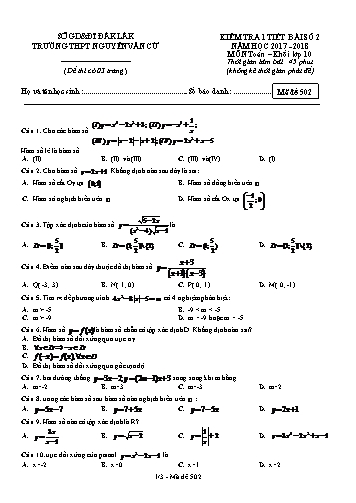 Đề kiểm tra 1 tiết bài số 2 môn Toán 10 - Mã đề 502 - Năm học 2017-2018 - Trường THPT Nguyễn Văn Cừ (Có ma trận và đáp án kèm theo)