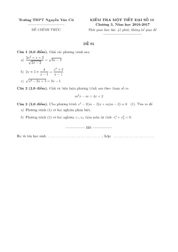 Đề kiểm tra 1 tiết chương 3 môn Đại số 10 - Đề 01 - Năm học 2016-2017 - Trường THPT Nguyễn Văn Cừ (Kèm đáp án)