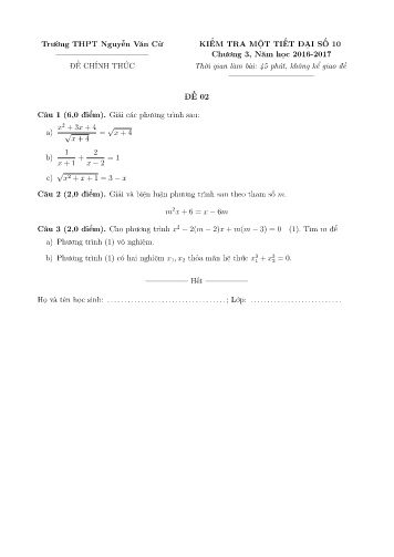 Đề kiểm tra 1 tiết chương 3 môn Đại số 10 - Đề 02 - Năm học 2016-2017 - Trường THPT Nguyễn Văn Cừ (Kèm đáp án)