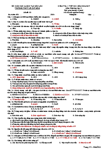 Đề kiểm tra 1 tiết học kì I môn Sinh học 11 - Mã đề 03 - Năm học 2016-2017 - Trường THPT Lê Quý Đôn (Có đáp án)