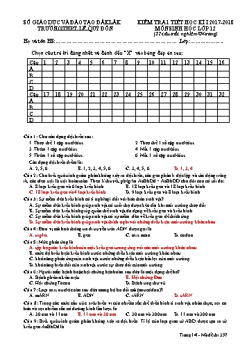 Đề kiểm tra 1 tiết học kì I môn Sinh học 12 - Mã đề 357 - Năm học 2017-2018 - Trường THPT Lê Quý Đôn (Có đáp án) Đề kiểm tra 1 tiết học kì I môn Sinh học 12 - Mã đề 357 - Năm học 2017-2018 - Trường THPT Lê Quý Đôn (Có đáp án)