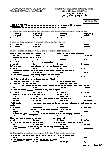 Đề kiểm tra 1 tiết học kỳ I môn Tiếng Anh 12 - Mã đề 234 - Năm học 2017-2018 - Trường THPT Buôn Ma Thuột (Kèm đáp án)