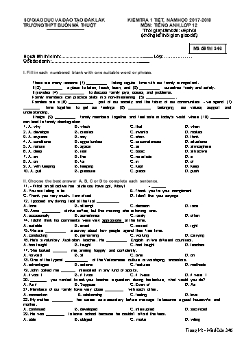 Đề kiểm tra 1 tiết học kỳ I môn Tiếng Anh 12 - Mã đề 346 - Năm học 2017-2018 - Trường THPT Buôn Ma Thuột (Kèm đáp án)