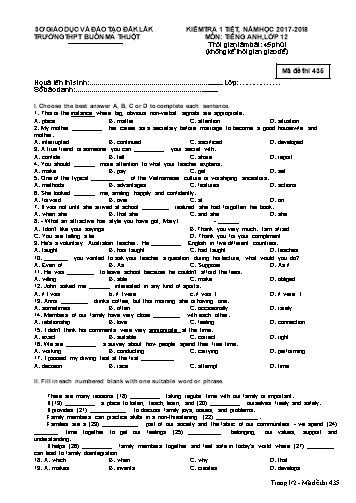 Đề kiểm tra 1 tiết học kỳ I môn Tiếng Anh 12 - Mã đề 435 - Năm học 2017-2018 - Trường THPT Buôn Ma Thuột (Kèm đáp án)