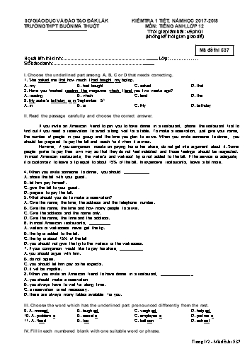Đề kiểm tra 1 tiết học kỳ I môn Tiếng Anh 12 - Mã đề 537 - Năm học 2017-2018 - Trường THPT Buôn Ma Thuột (Kèm đáp án)