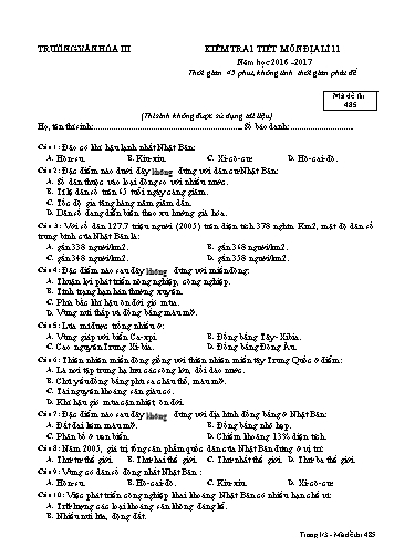 Đề kiểm tra 1 tiết môn Địa lí 11 - Mã đề 485 - Năm học 2016-2017 - Trường Văn hóa III (Kèm đáp án)