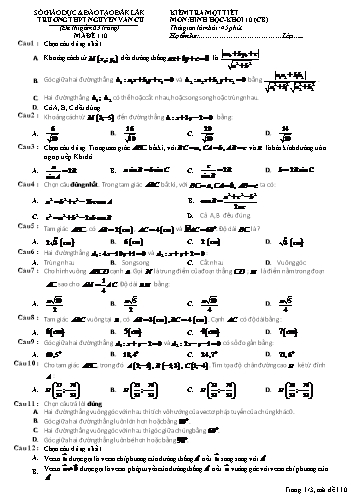 Đề kiểm tra 1 tiết môn Hình học 10 (CB) - Mã đề 110 - Năm học 2016-2017 - Trường THPT Nguyễn Văn Cừ (Kèm đáp án)