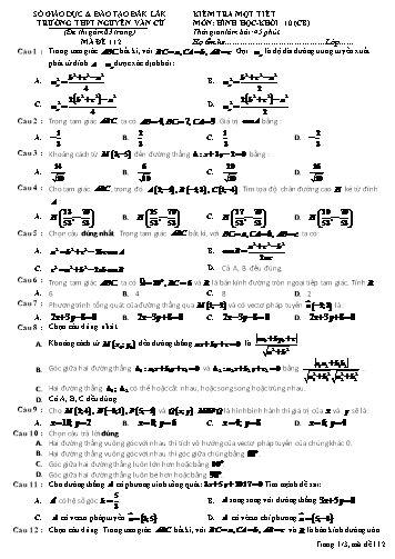 Đề kiểm tra 1 tiết môn Hình học 10 (CB) - Mã đề 112 - Năm học 2016-2017 - Trường THPT Nguyễn Văn Cừ (Kèm đáp án)