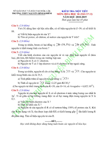 Đề kiểm tra 1 tiết môn Hóa học 10 - Năm học 2018-2019 - Trường THPT Nguyễn Bỉnh Khiêm (Có đáp án) Đề kiểm tra 1 tiết môn Hóa học 10 - Năm học 2018-2019 - Trường THPT Nguyễn Bỉnh Khiêm (Có đáp án)