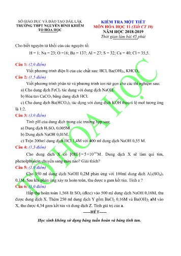 Đề kiểm tra 1 tiết môn Hóa học 11 - Năm học 2018-2019 - Trường THPT Nguyễn Bỉnh Khiêm (Có đáp án)