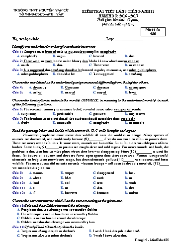 Đề kiểm tra 1 tiết môn Tiếng Anh 12 (Lần 3) - Mã đề 485 - Năm học 2016-2017 - Trường THPT Nguyễn Văn Cừ (Kèm đáp án)