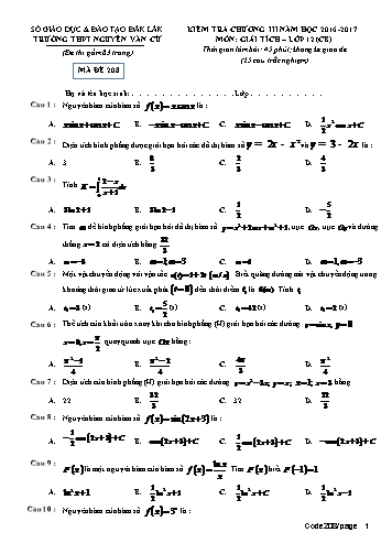 Đề kiểm tra chương III môn Giải tích 12 (CB) - Mã đề 208 - Năm học 2016-2017 - Trường THPT Nguyễn Văn Cừ (Kèm đáp án)