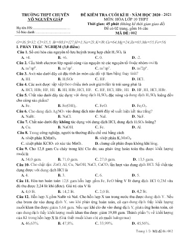 Đề kiểm tra cuối kì II môn Hóa học 10 - Mã đề 002 - Năm học 2020-2021 - Trường THPT chuyên Võ Nguyên Giáp