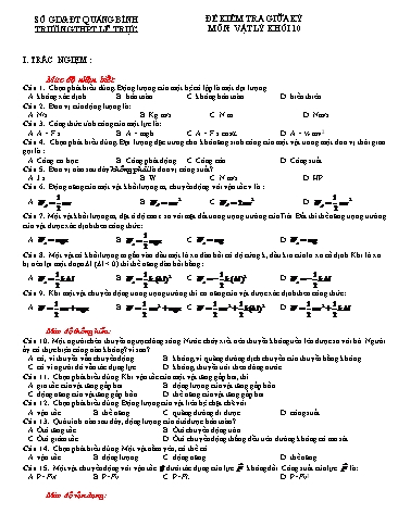 Đề kiểm tra giữa kỳ môn Vật lý Khối 10 - Trường THPT Lê Trực