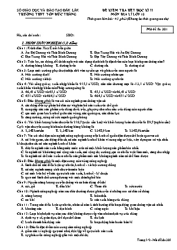 Đề kiểm tra hết học kì II môn Địa lí 10 - Mã đề 301 - Năm học 2016-2017 - Trường THPT Tôn Đức Thắng (Kèm đáp án)