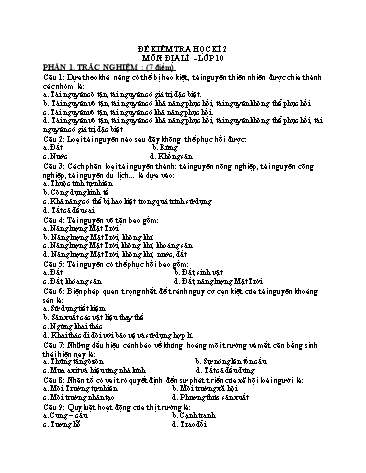 Đề kiểm tra học kì 2 môn Địa lí 10 - Trường THPT Nguyễn Thị Minh Khai (Có đáp án)